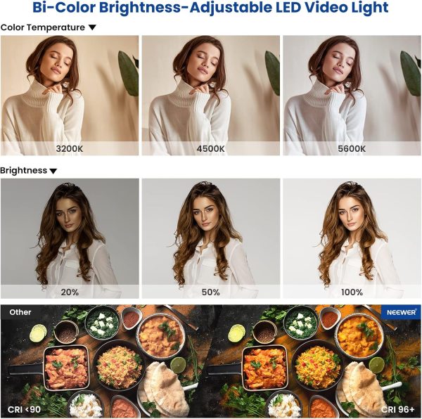 NEEWER 2 Pack Bi Color 660 LED Video Light and Stand Kit: (2) 3200-5600K CRI 96+ Dimmable Light with U Bracket and Barndoor, (2) 75 inches Light Stand for Studio Photography, Video Recording (Black) - Image 6