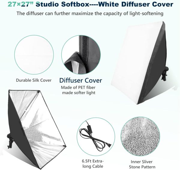 Torjim Softbox Photography Lighting Kit, 2Pcs 27" x 27" Professional Soft Box | 3000K-7500K 85W LED Bulbs with Remote, Photography Continuous Lighting Kit for Studio Lights, Portrait, Video Recording - Image 5